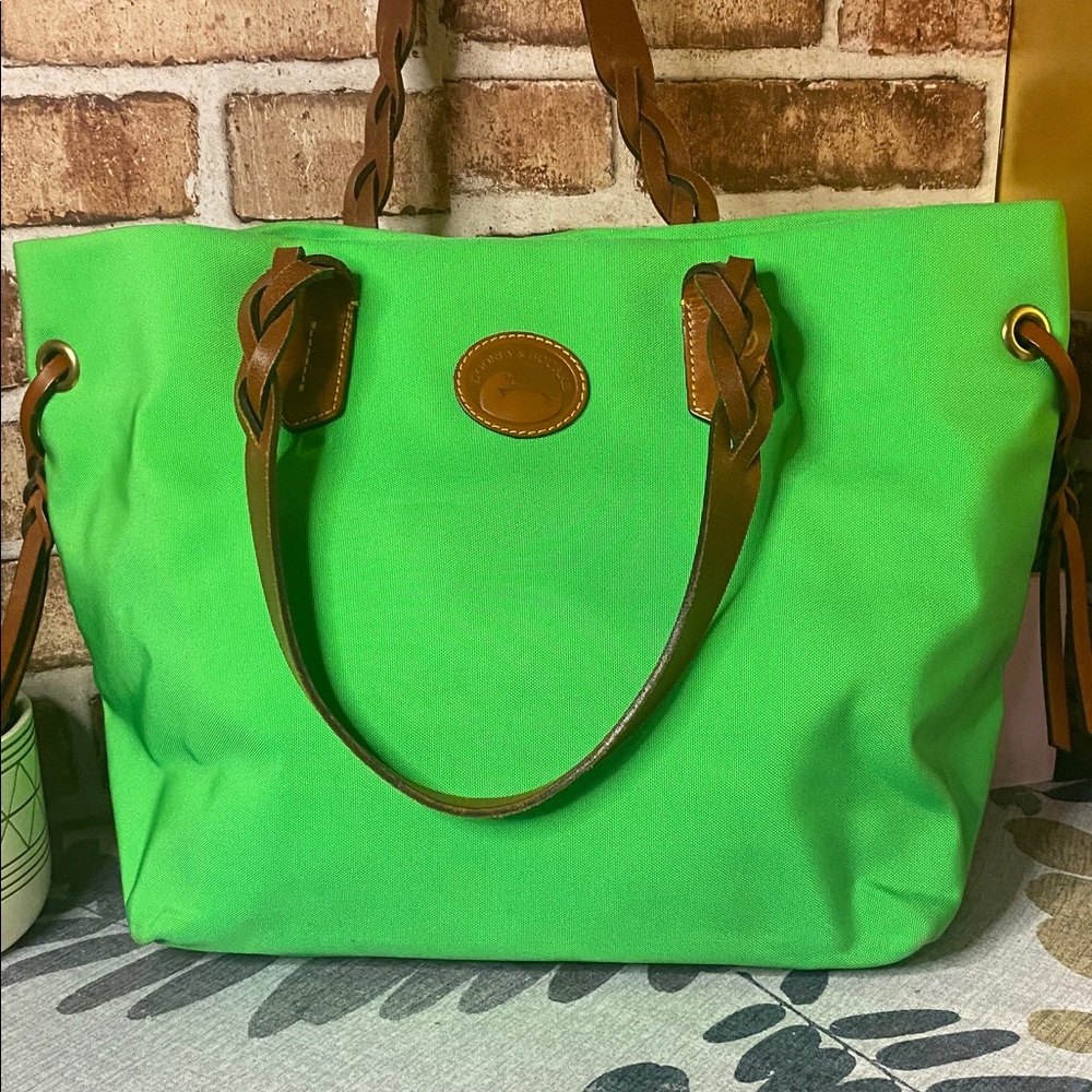 Dooney & Bourke Bright Green Canvas Tote with Brown Leather Handles